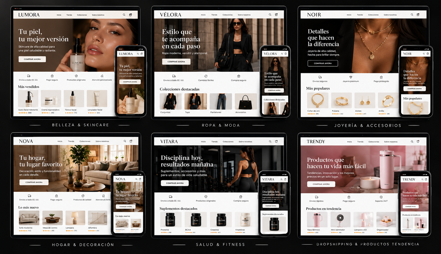 Portafolio de tiendas e-commerce: Lumora · Vélora · Noir · Nova · Vitara · Trendy