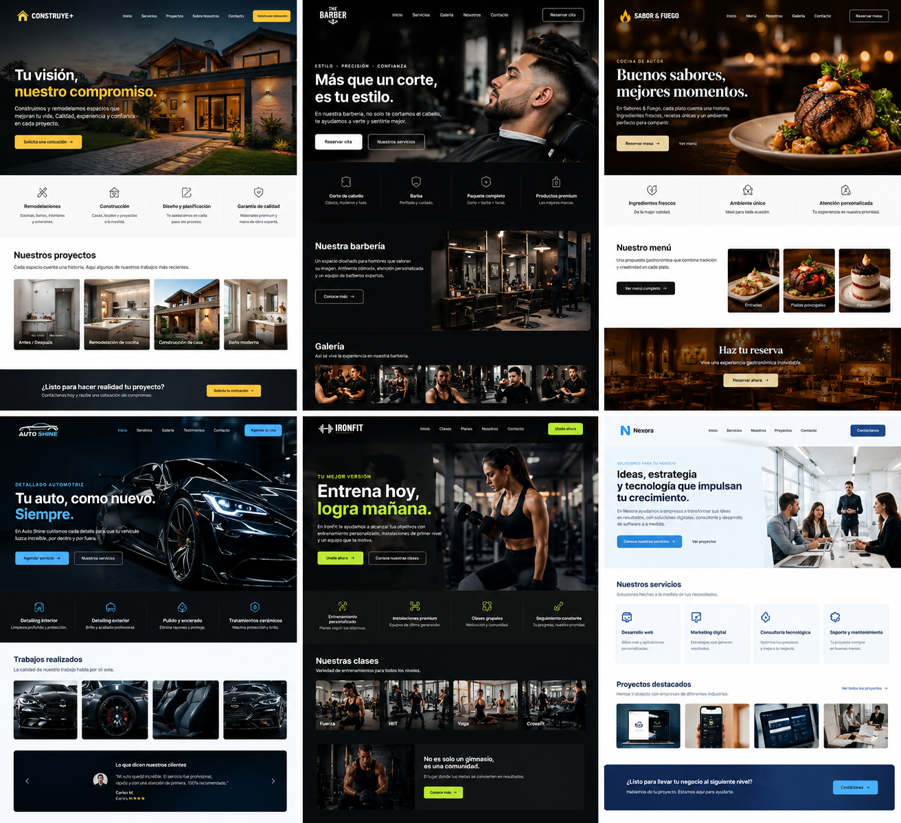 Portafolio de sitios web modernos: Construye+ · The Barber · Sabor & Fuego · Auto Shine · Ironfit · Nexora